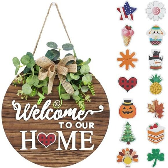 Interchangeable Seasonal Welcome Sign Front Door Decoration Round Wood Wreath - Picture 1 of 7